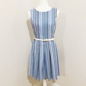 Tommy Hilfiger A-Line Dress Light Blue Striped Sleeveless Textured Belted 8P